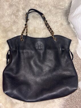 Tory Burch Thea Black Leather Slouchy Chain Tote Shoulder Bag